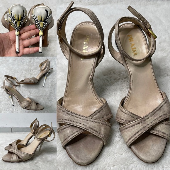 Vintage Prada Women's Grey Leather Strappy High Heel Buckle Sandals Shoes 36 - Picture 1 of 13